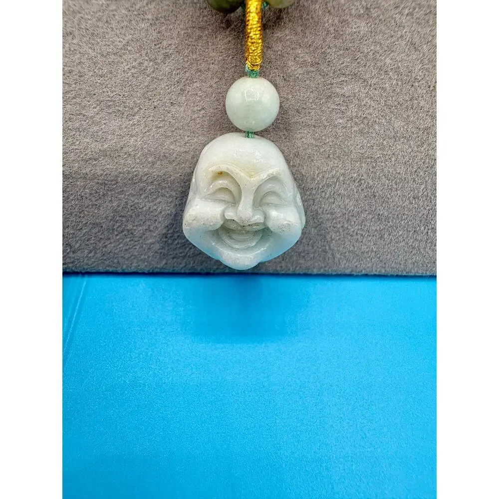 Natural Jadite Jade Beaded Necklace & Buddha Charm w/ Cert